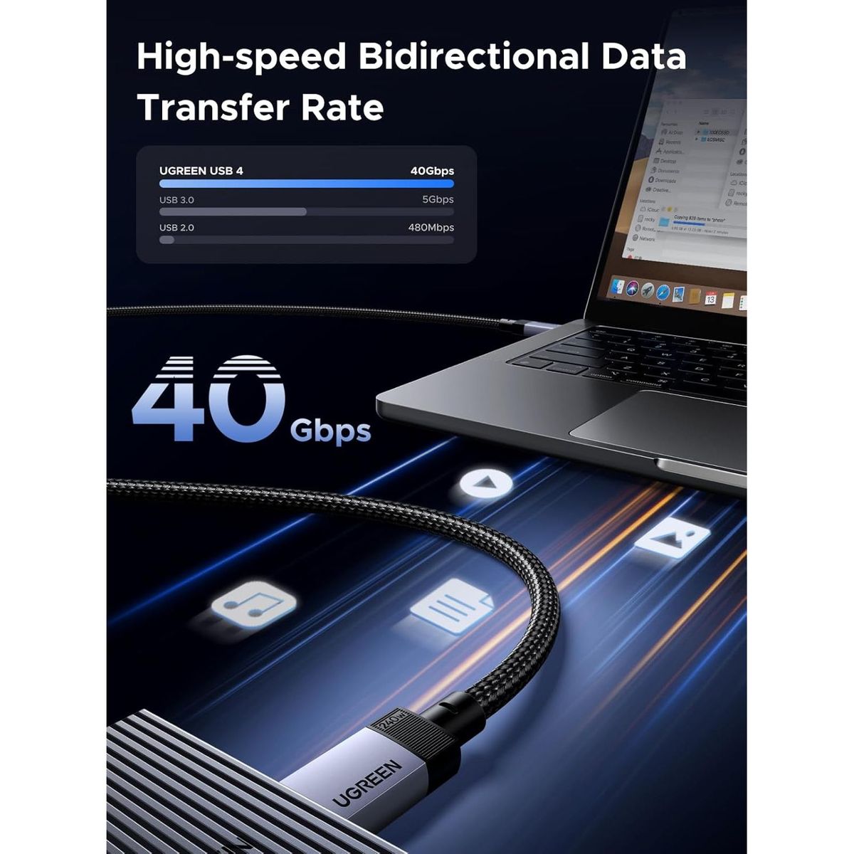 UGREEN - Ugreen Cable USB-C 4.0 Gen3 40Gbps 8K 60Hz 240W 1m USB4 L705 - 65175