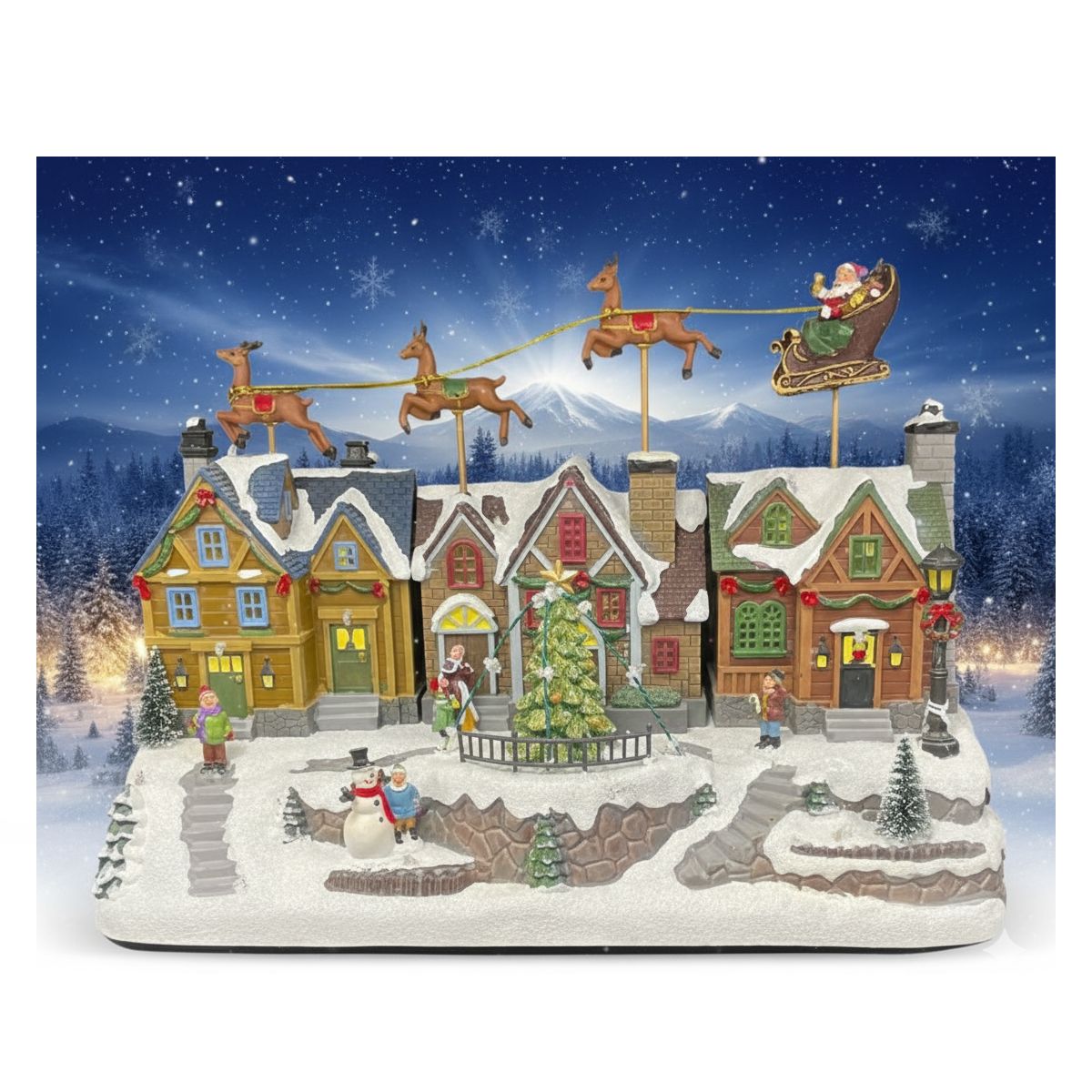 GENERICO - Villa Navideña Papá Noel 3 Renos Árbol Giratorio Musical Luz Led