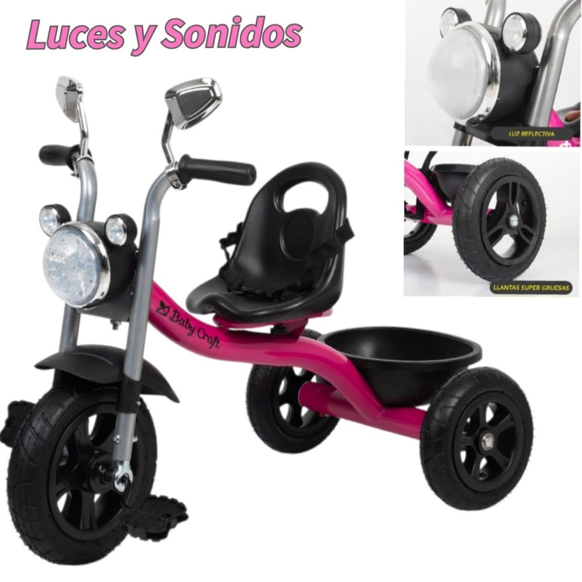 BABY HAPPY - Triciclo CHAVITO Bluetooth Musical Llantas de Jebe Rosa