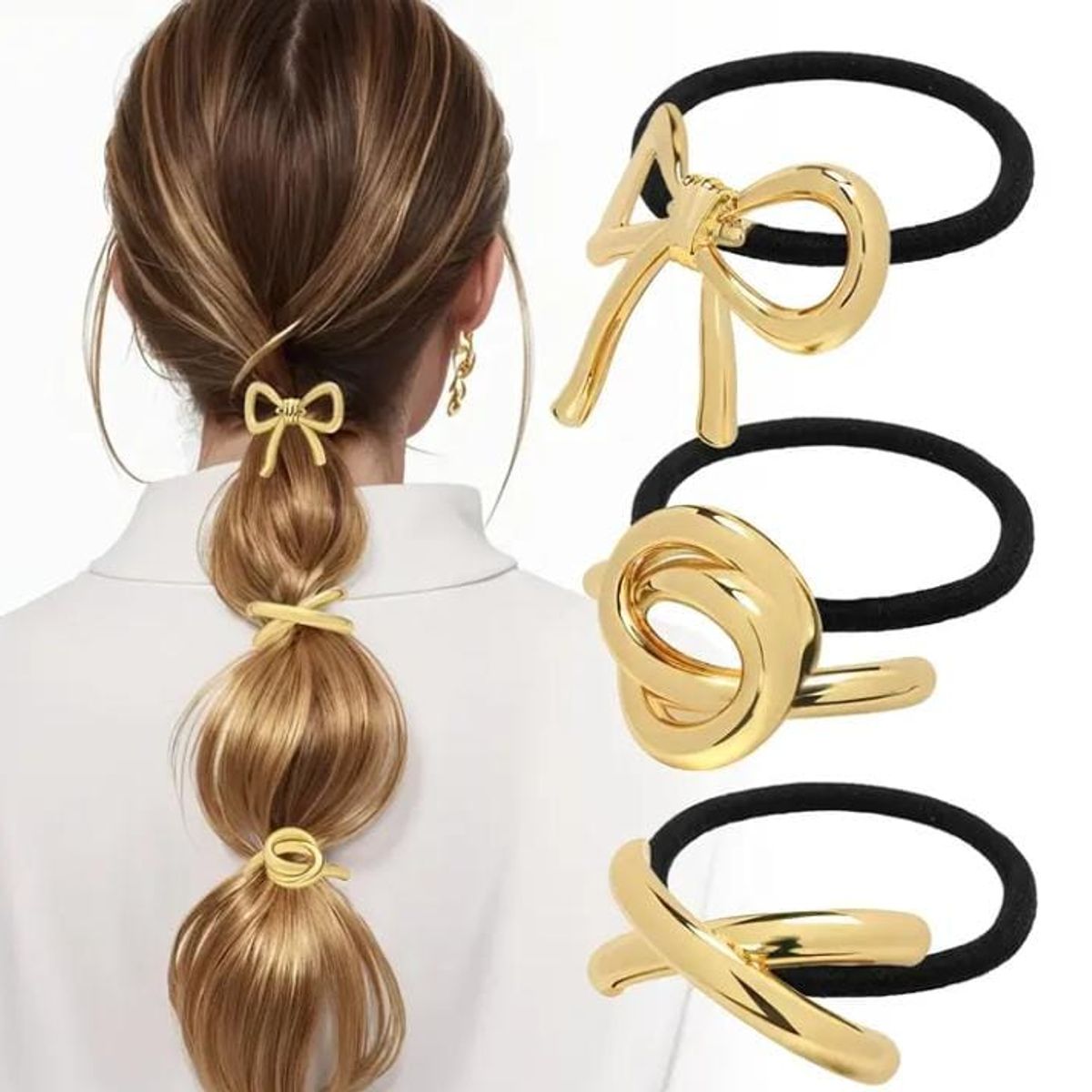 MORITA BAG STORE - 3 PIEZAS DE LIGAS DE CABELLO DORADAS DE METAS CON DISEÑO