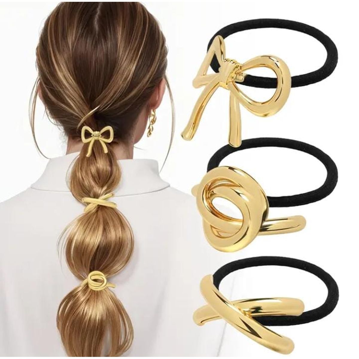 MORITA BAG STORE - 3 PIEZAS DE LIGAS DE CABELLO DORADAS DE METAS CON DISEÑO