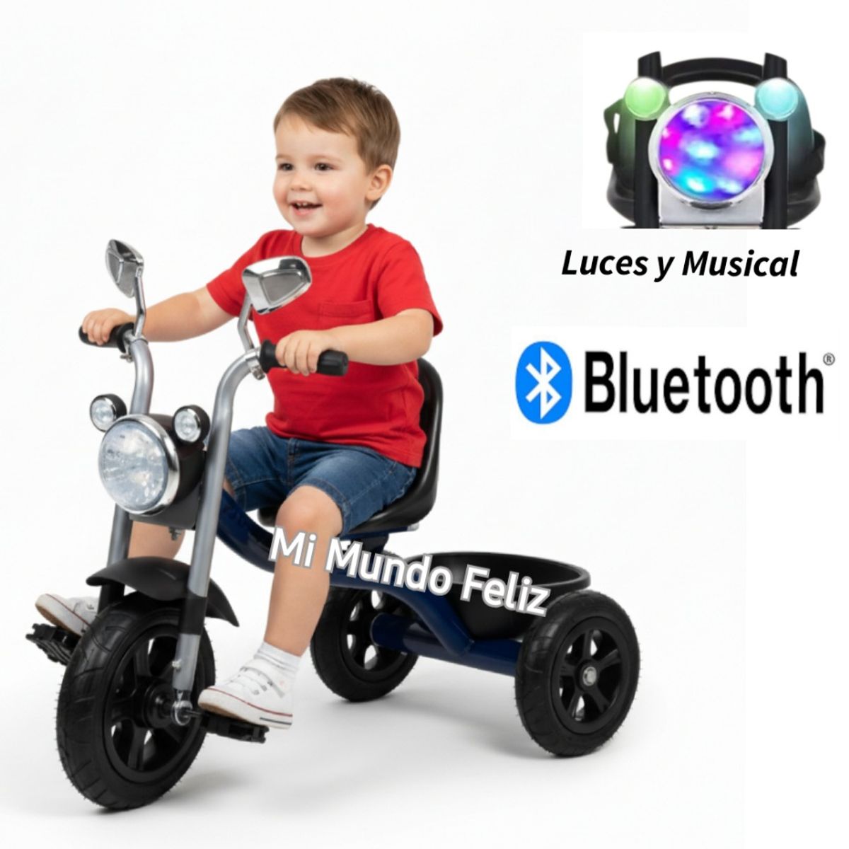BABY HAPPY - Triciclo CHAVITO Musical Bluetooth  Llantas de Jebe Azul