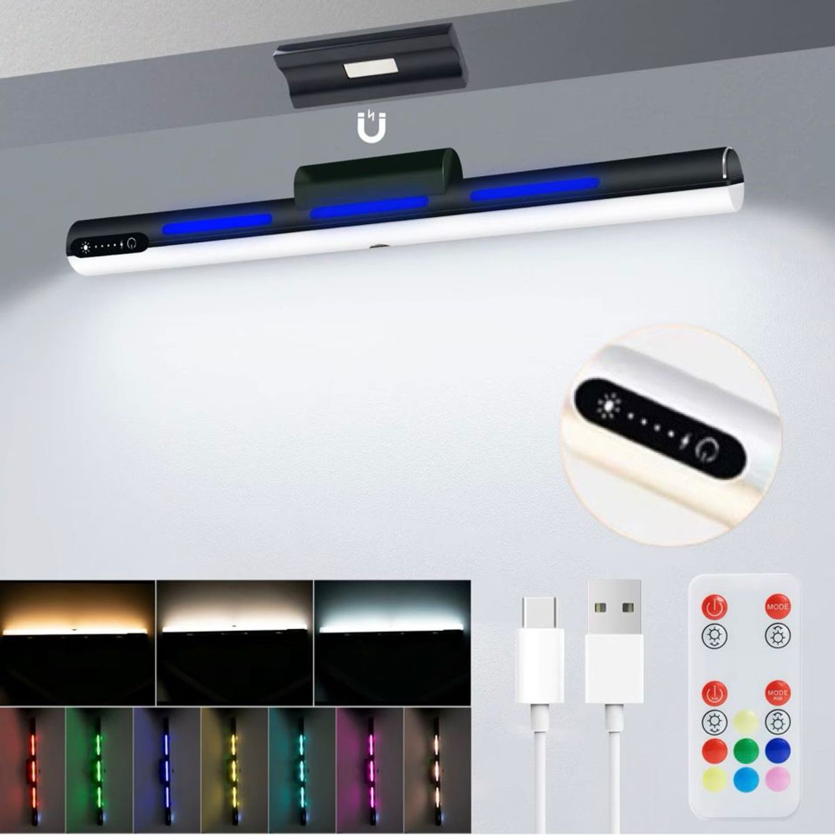 GENERICO - Lámpara Luz Led Magnética Táctil Recargable Con Control Mini Rgb