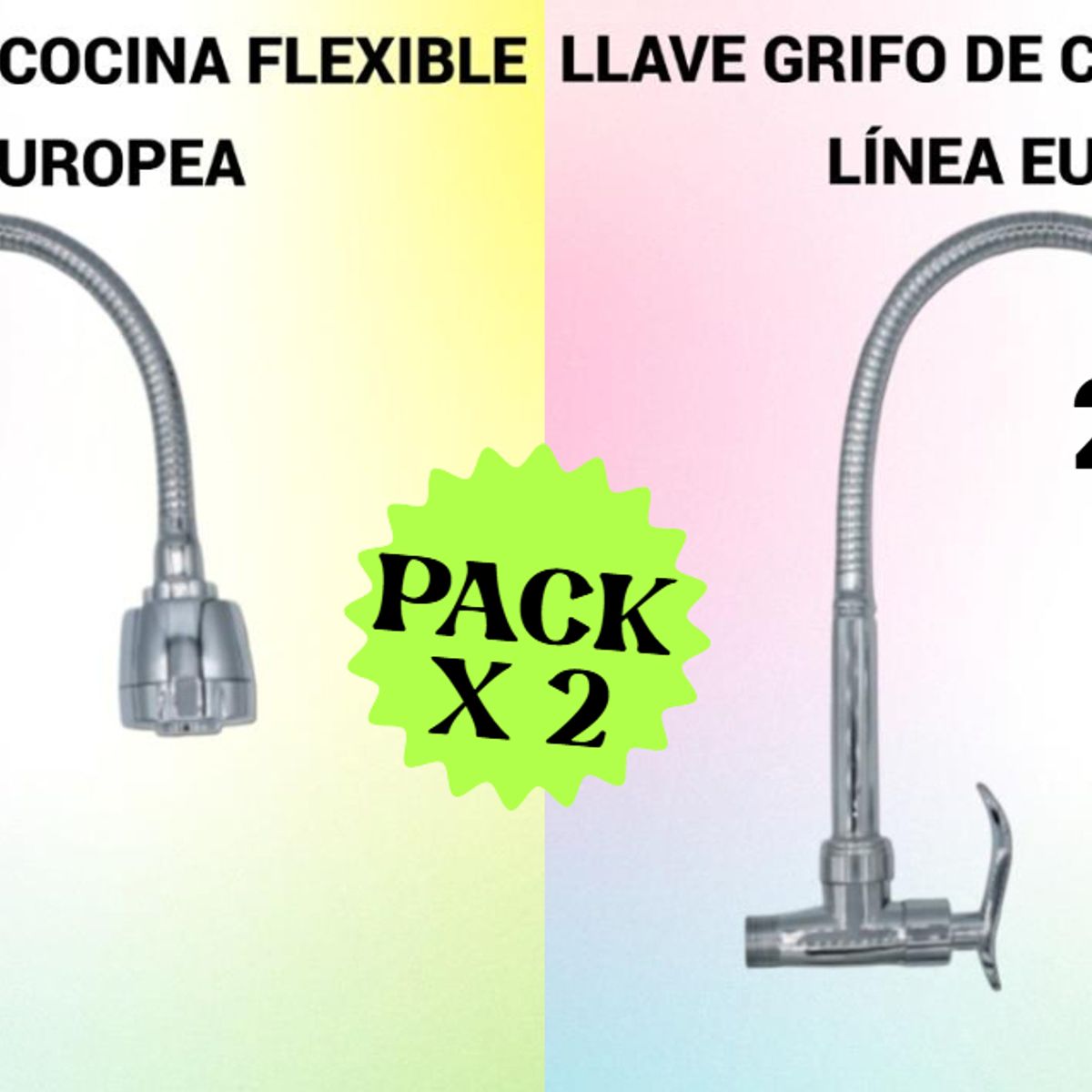 GENERICO - 2 LLAVES CAÑO COCINA CROMADO LAVADERO FLEXIBLE PICO DE GANSO