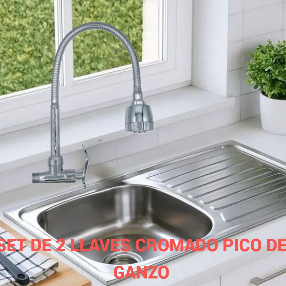 GENERICO - 2 LLAVES CAÑO COCINA CROMADO LAVADERO FLEXIBLE PICO DE GANSO