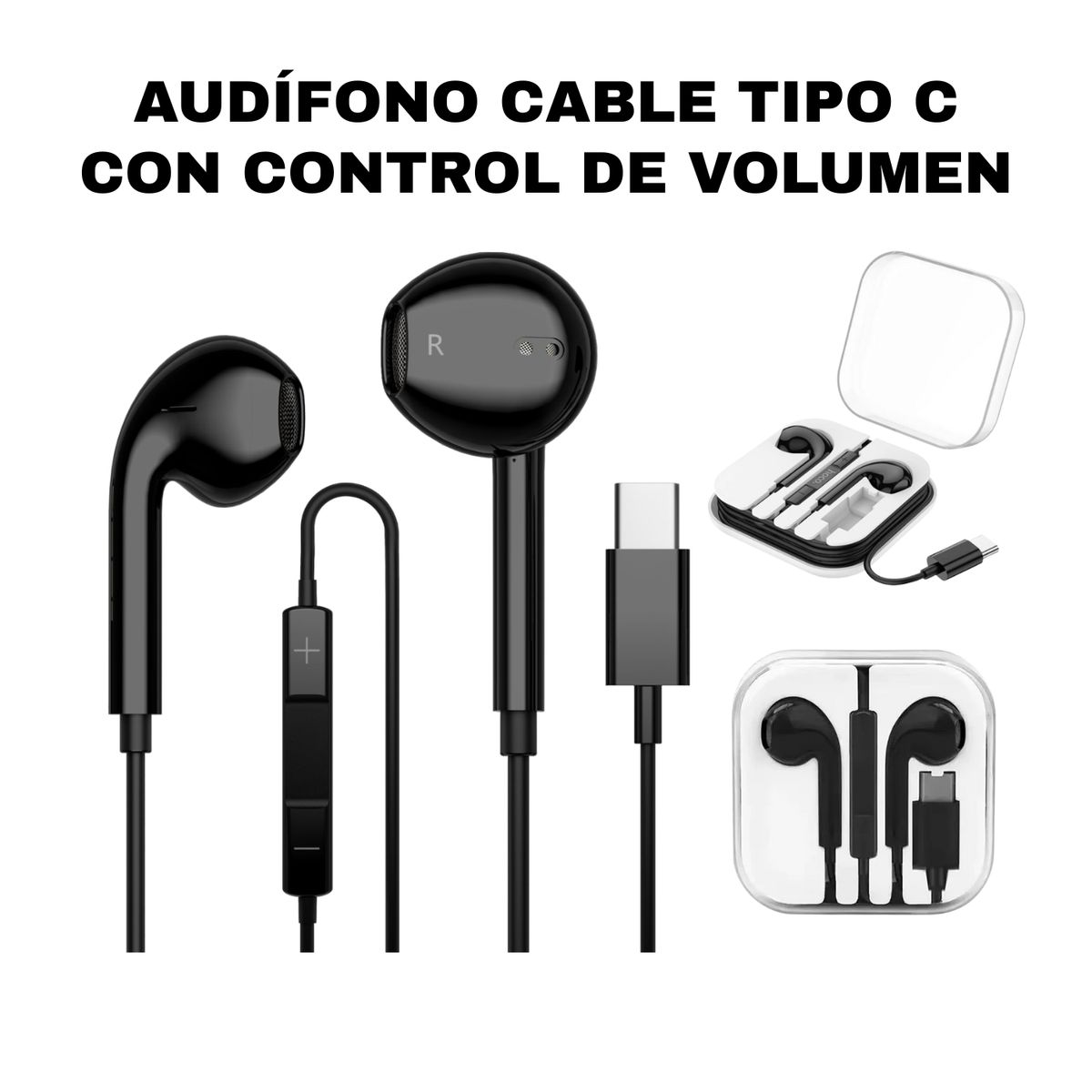 GENERICO - AUDIFONO CABLE TIPO C NEGRO CONTROL VOLUMEN