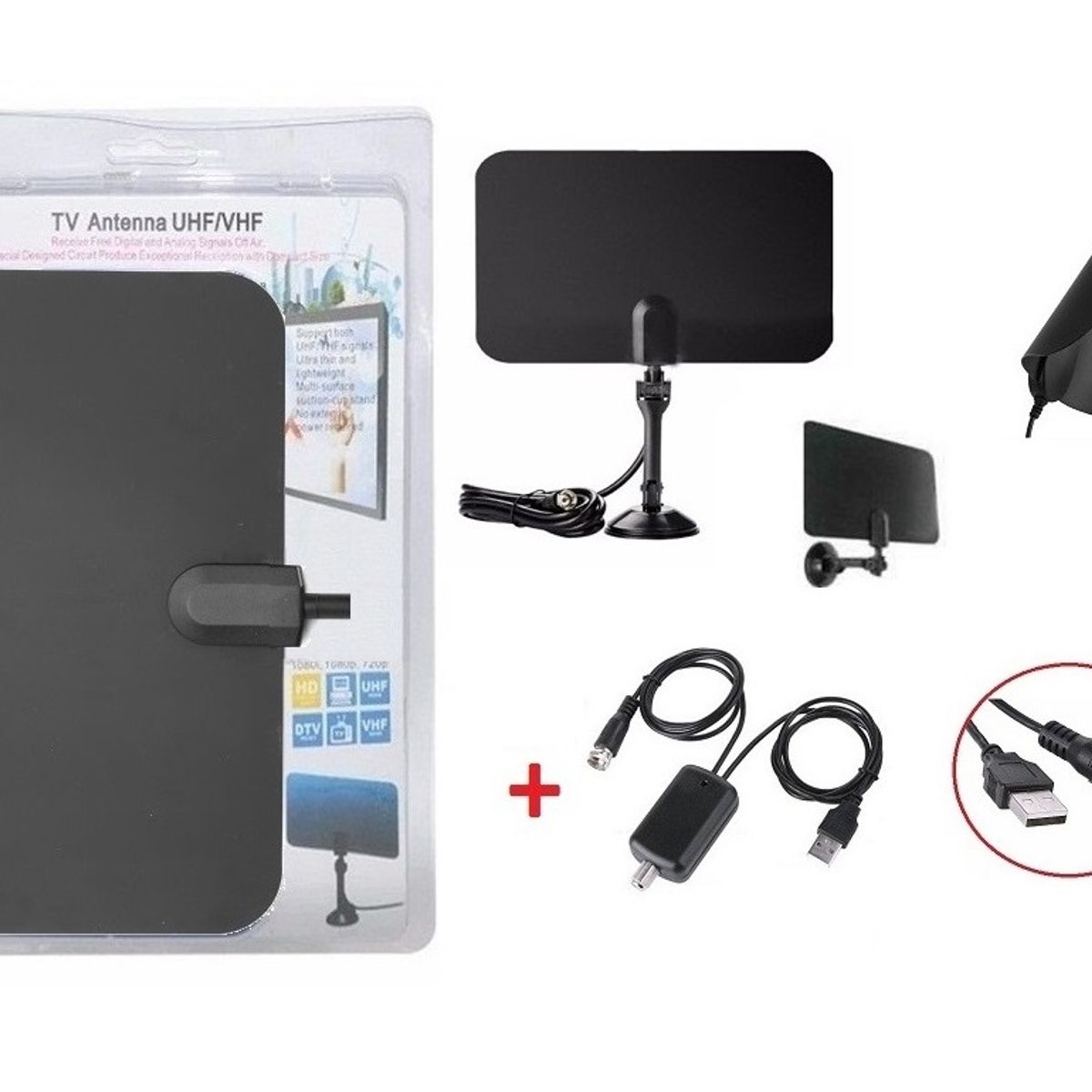 GENERICO - Antena Hd Tv Digital Interior Plana  Base con Amplificador Usb