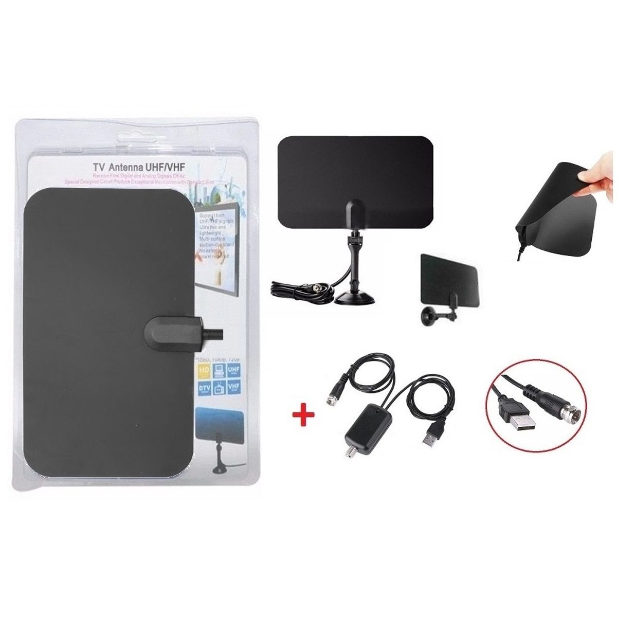 GENERICO - Antena Hd Tv Digital Interior Plana  Base con Amplificador Usb