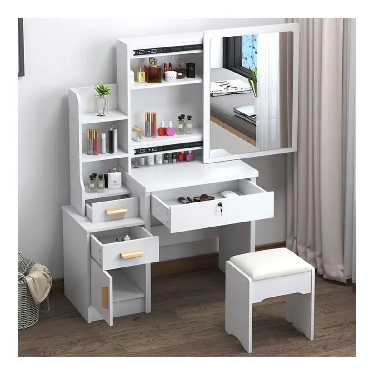 GENERICO - Tocador de Maquillaje Con Espejo Con Taburete Para Dormitorio Blanco