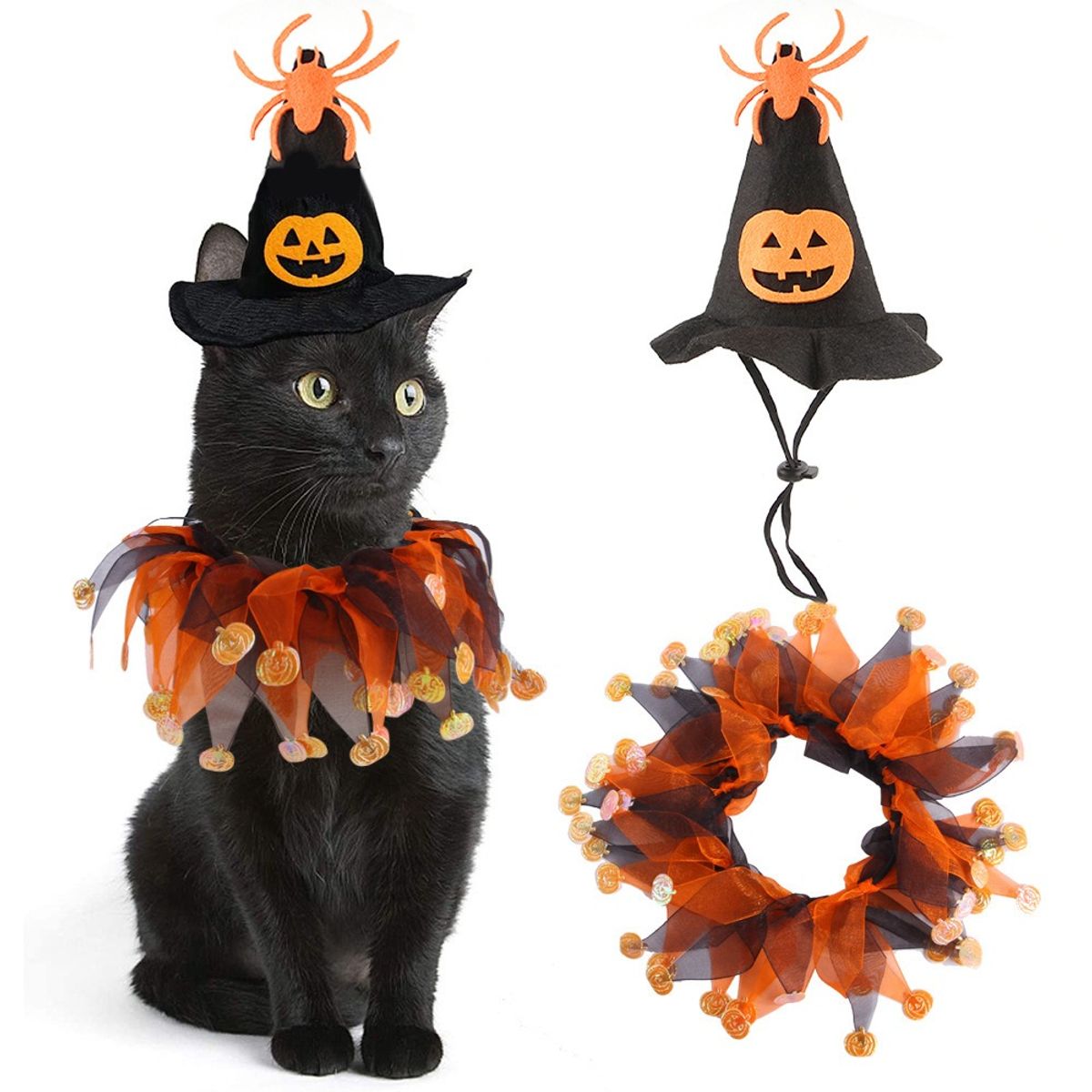 GIOIO - Conjunto Gorro y Collar de Halloween para Gato Ajustable L