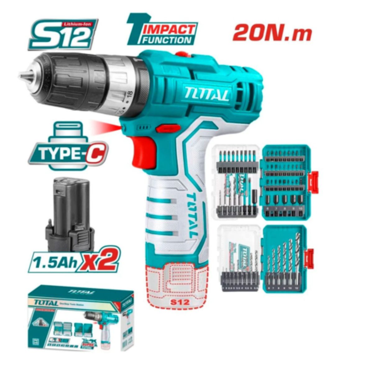 TOTAL TOOLS - COMBO TALADRO TIPO C 20NM 2X15AH+SET BROCAS INDUSTRIAL-TOSLI241197