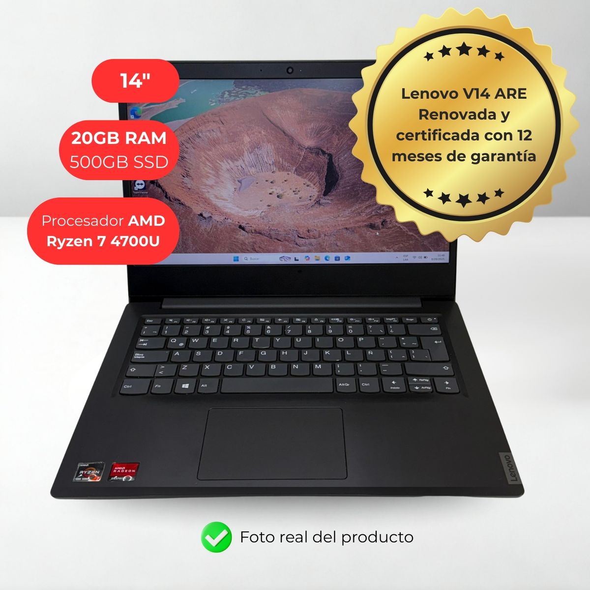 LENOVO - Laptop Lenovo V14-ARE AMD Ryzen 7 4700U 20GB 500GB 14pulgadas W11Pro - Reacondicionada