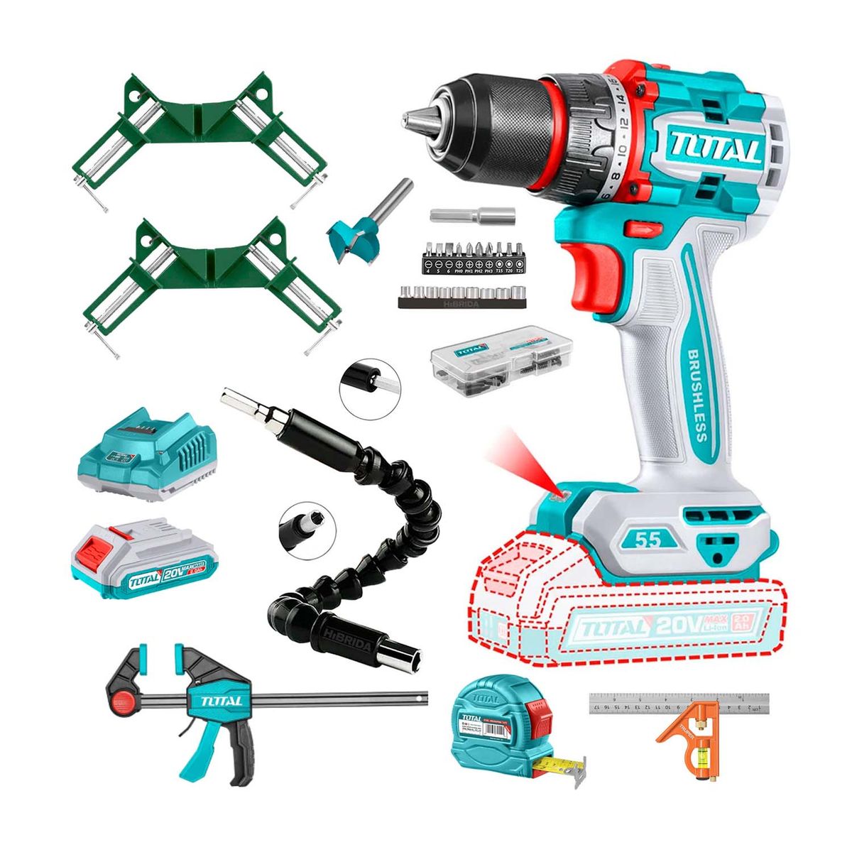 Total Tools - ATORNILLADOR+ESCUADRA+3 PRENSAS+CINTA METRICA+EXTENSOR +BROCA FORSTNER 35MM