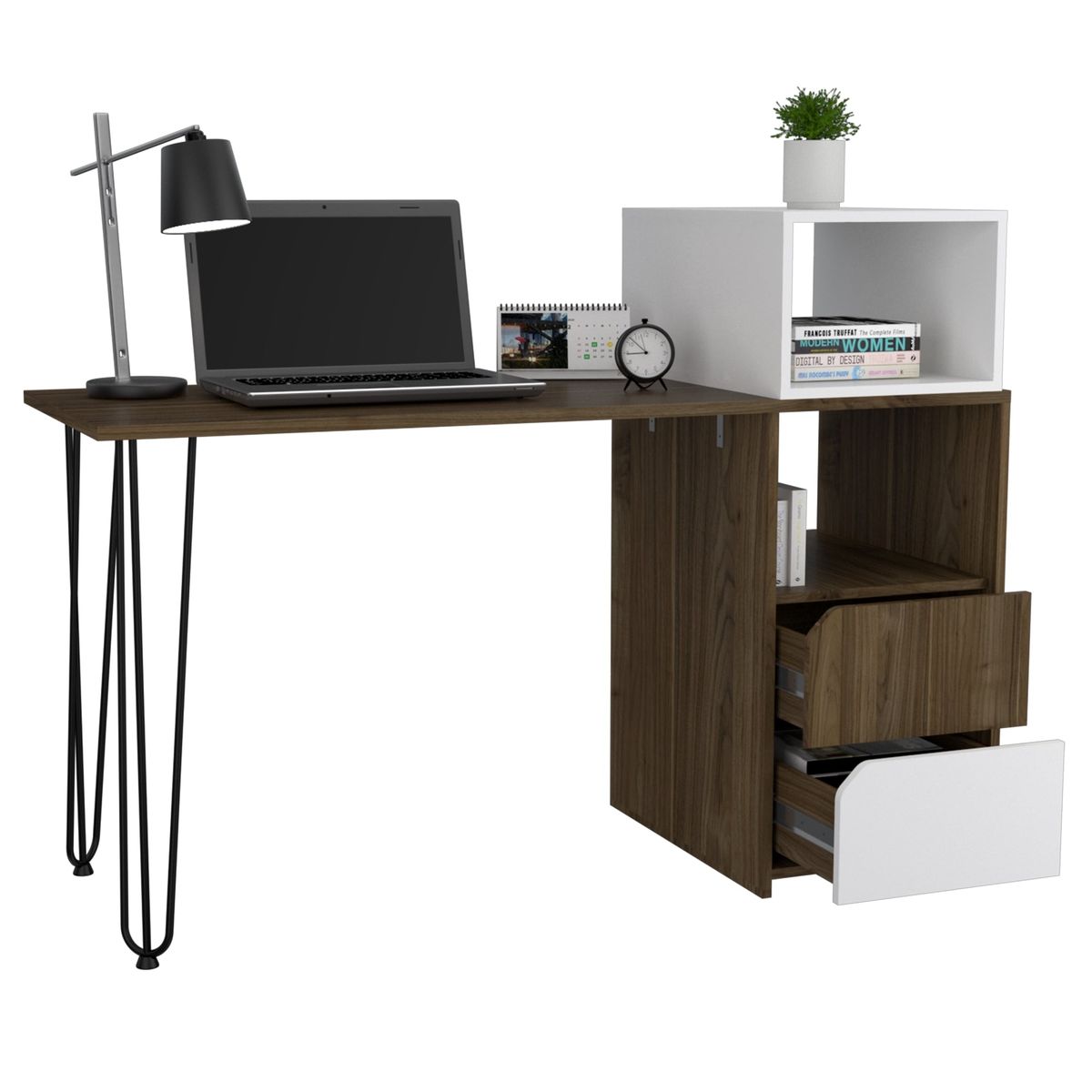 FMFURNITURE - Escritorio 2 Cajones + Pieza Movil Fm-042O Café Oscuro Y Blanco