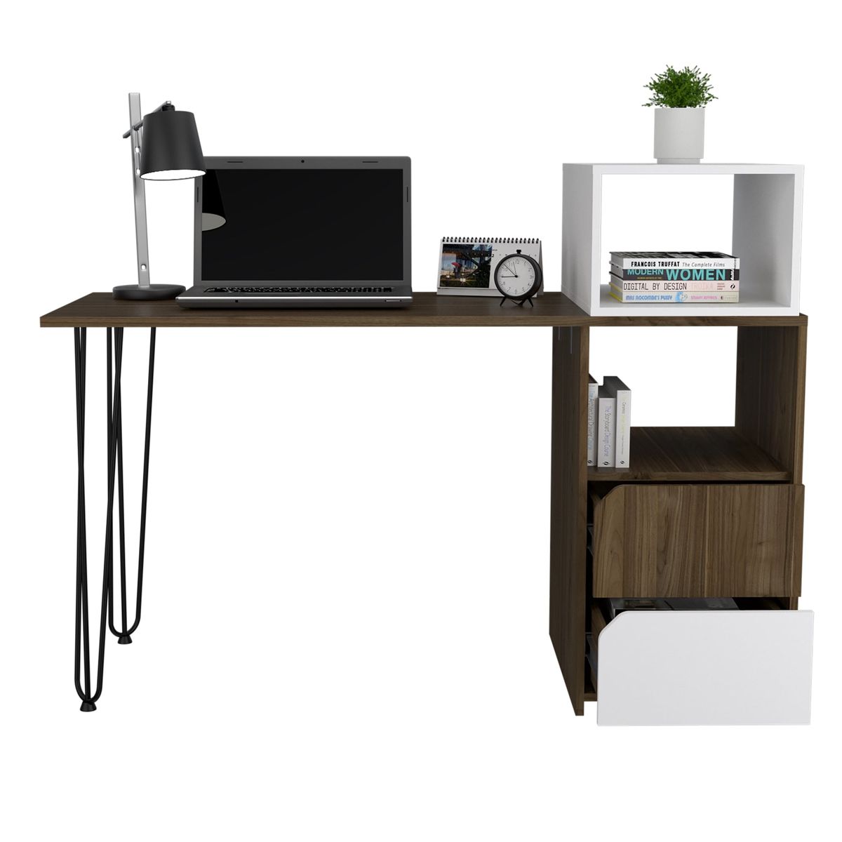 FMFURNITURE - Escritorio 2 Cajones + Pieza Movil Fm-042O Café Oscuro Y Blanco