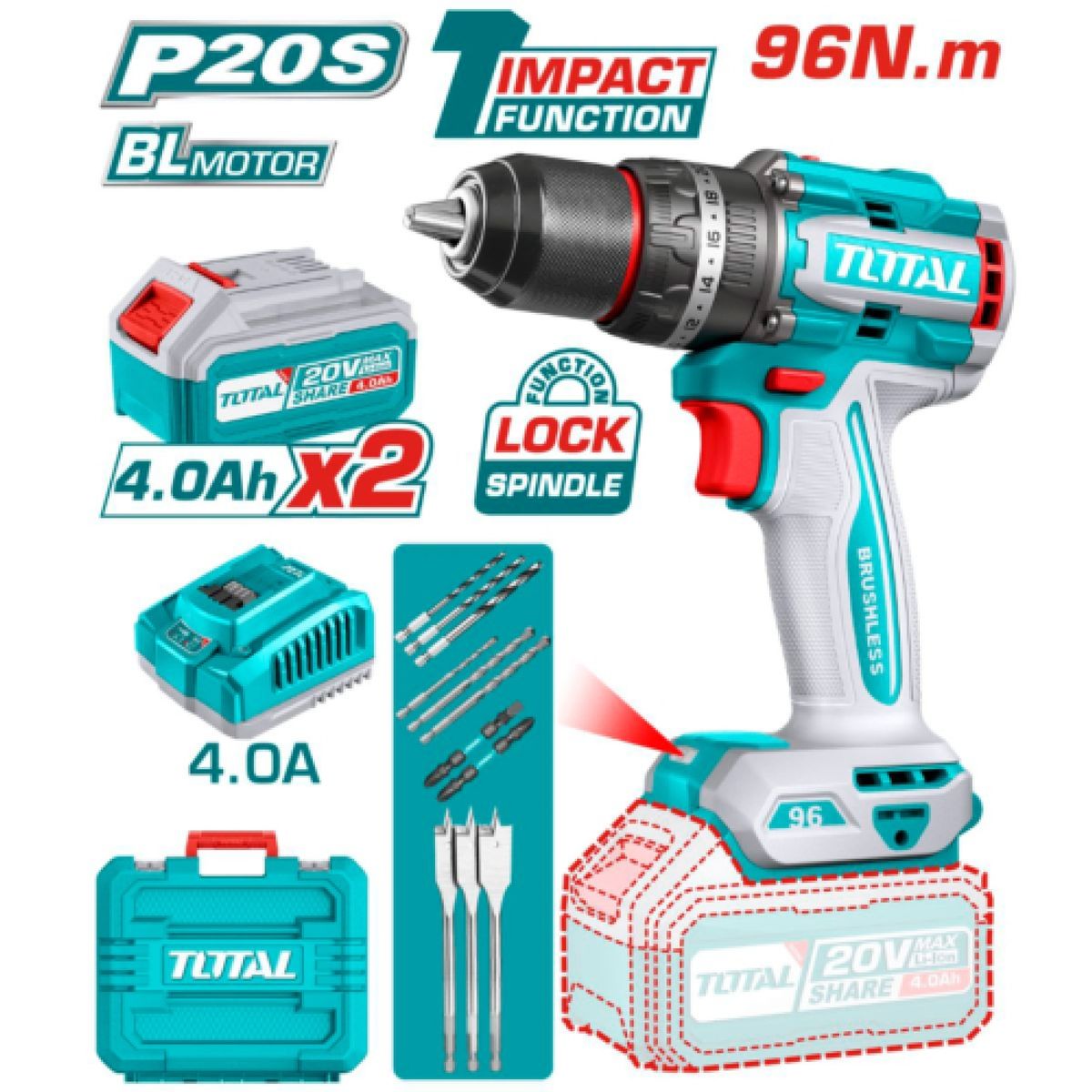 TOTAL TOOLS - TALADRO PERCUTOR LI-ION 20V 96NM 13MM 2×40AH BRUSHLESS - TIDLI20968