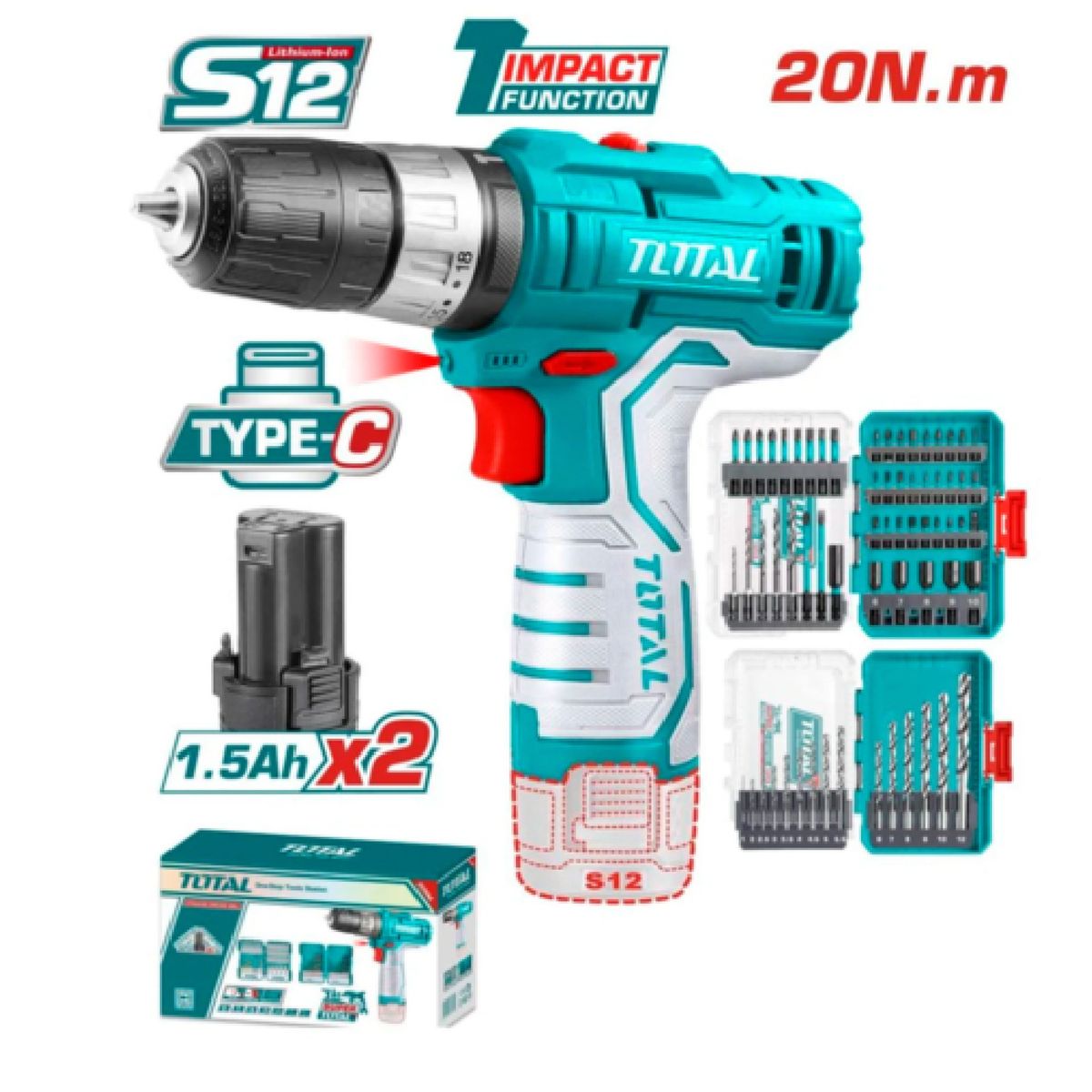 TOTAL TOOLS - COMBO TALADRO TIPO C 20NM 2X15AH + SET BROCAS INDUSTRIAL