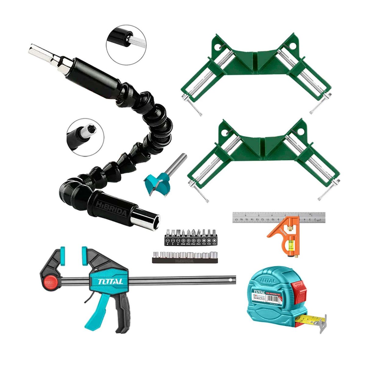 TOTAL TOOLS - ESCUADRA+3PRENSA +CINTA METRICA+BROCA FORSTNER 35MM TOTAL
