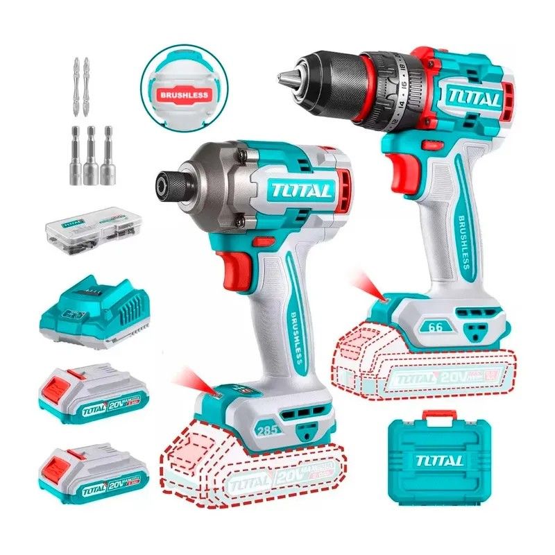 TOTAL TOOLS - Taladro Percutor 20v 66NM + Atornillador Impacto 285 NM Total Brushless