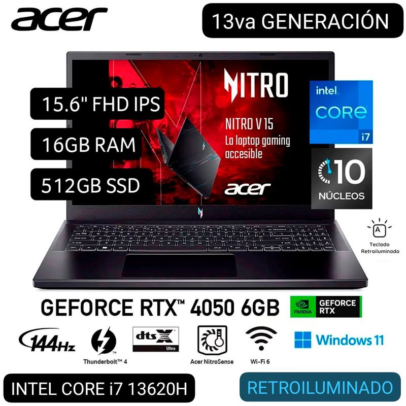 ACER - LAPTOP GAMER ACER NITRO V15 ANV15-51-711U i7 13° GEN. 15.6 FHD IPS 144Hz 16GB 512GB RTX4050 6GB W11