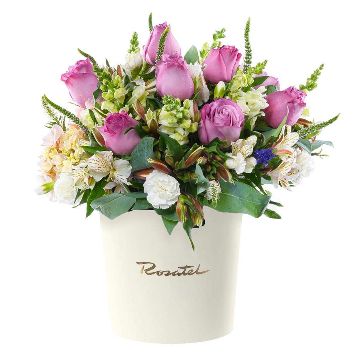 ROSATEL - Sombrerera Crema Grande con 10 Rosas y Flores