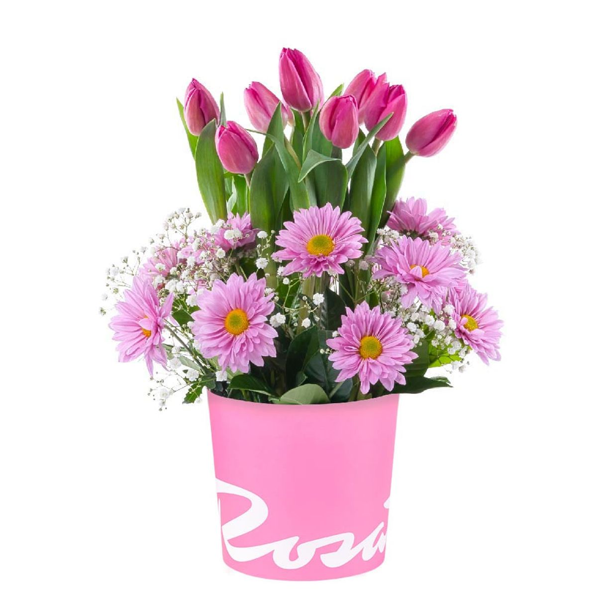 ROSATEL - Sombrerera Rosada Mediana con 10 Tulipanes y Flores