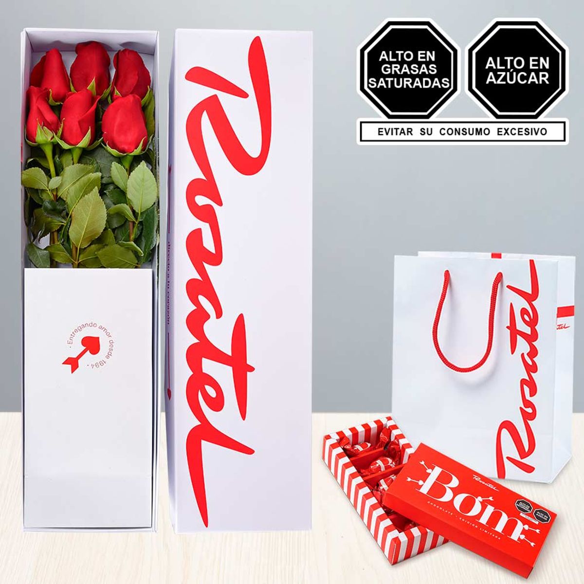 ROSATEL - Caja Rosatel 6 Rosas y Chocolates Bom 5 Unid