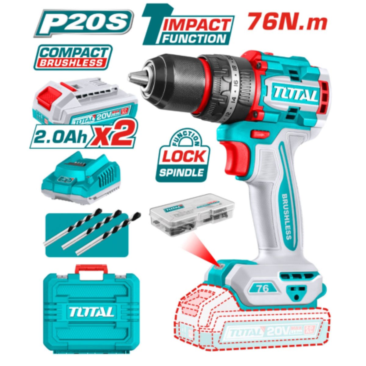 TOTAL TOOLS - TALADRO PERCUTOR COMPACTO LI-ION 20V 76NM 13MM 2X20AH - TIDLI20768