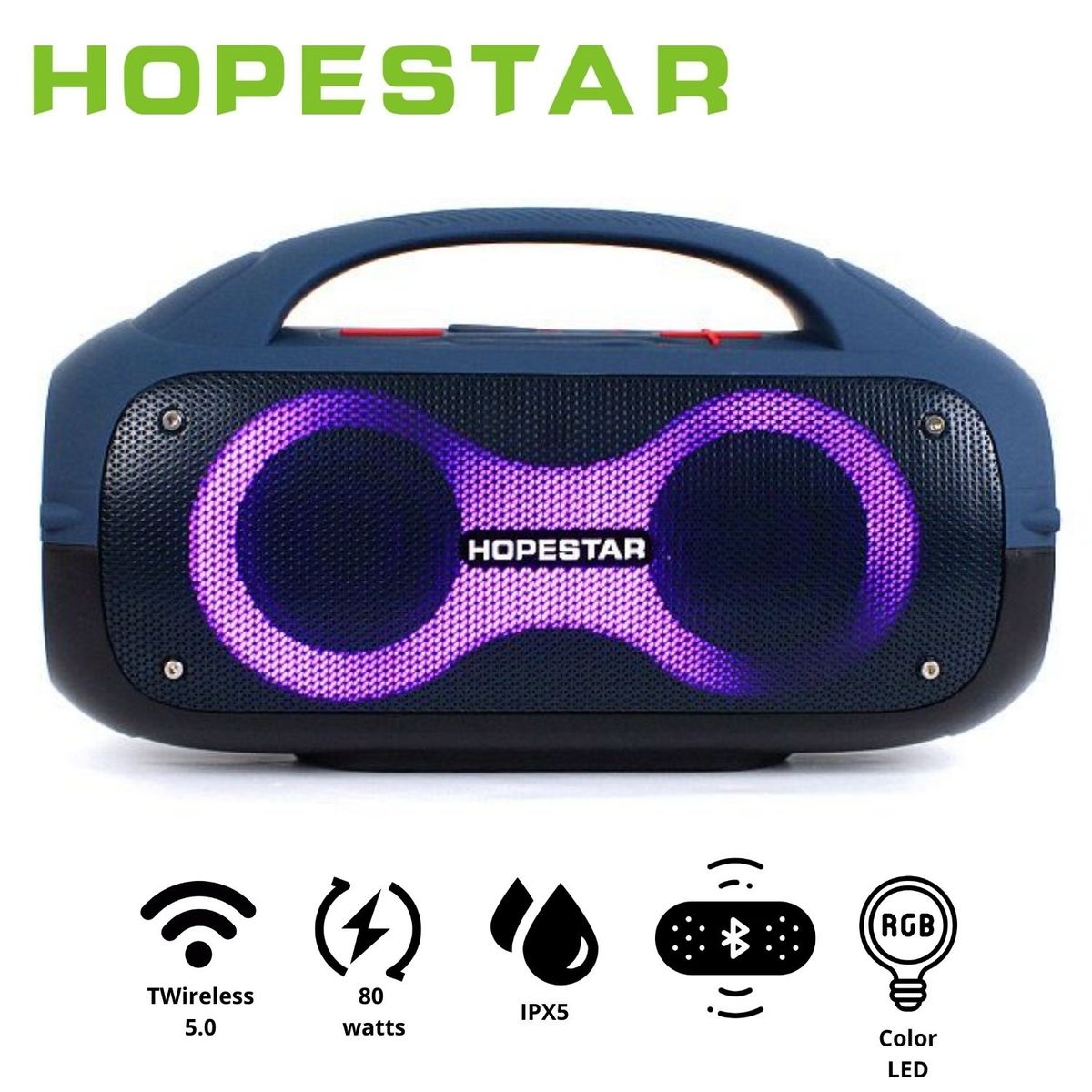 GENERICO - Parlante Portátil Hopestar A50 Azul protección IPX5 80W LED RAINBOW