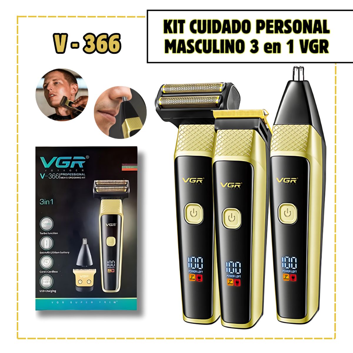 GENERICO - Cortadora Personal VGR 3 en 1 Nasal, Trimmer y Shaver - V-366 DORADO