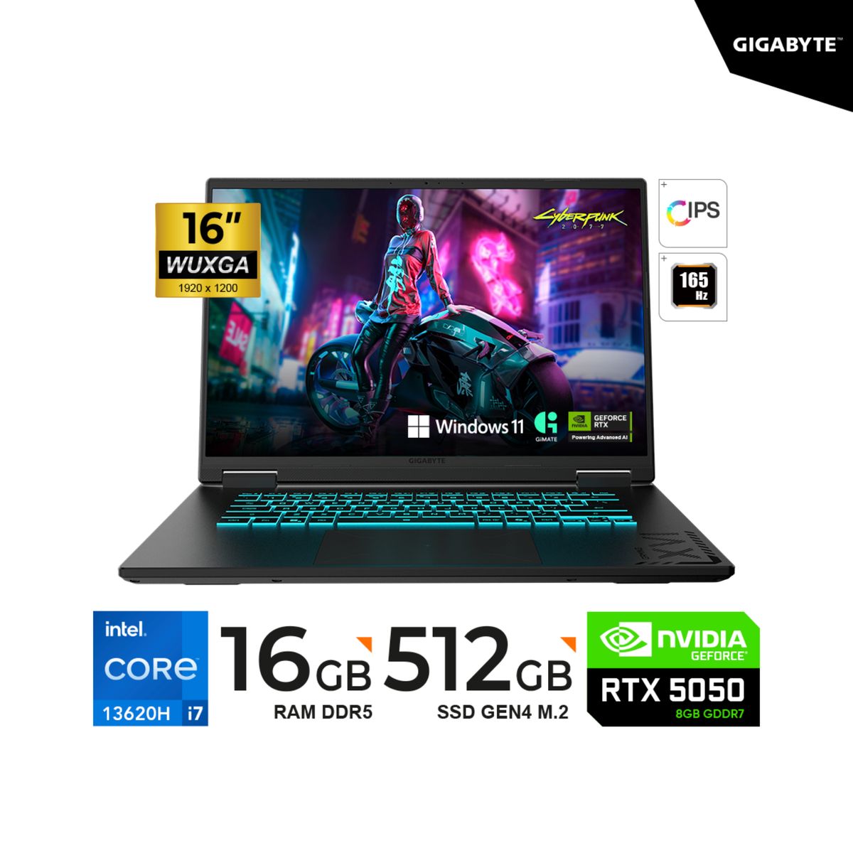 GIGABYTE - LAPTOP GAMER GIGABYTE A16 16" I7-13620H IPS WUXGA 165Hz 16GB 512GB SSD RTX 5050 8GB WIN11