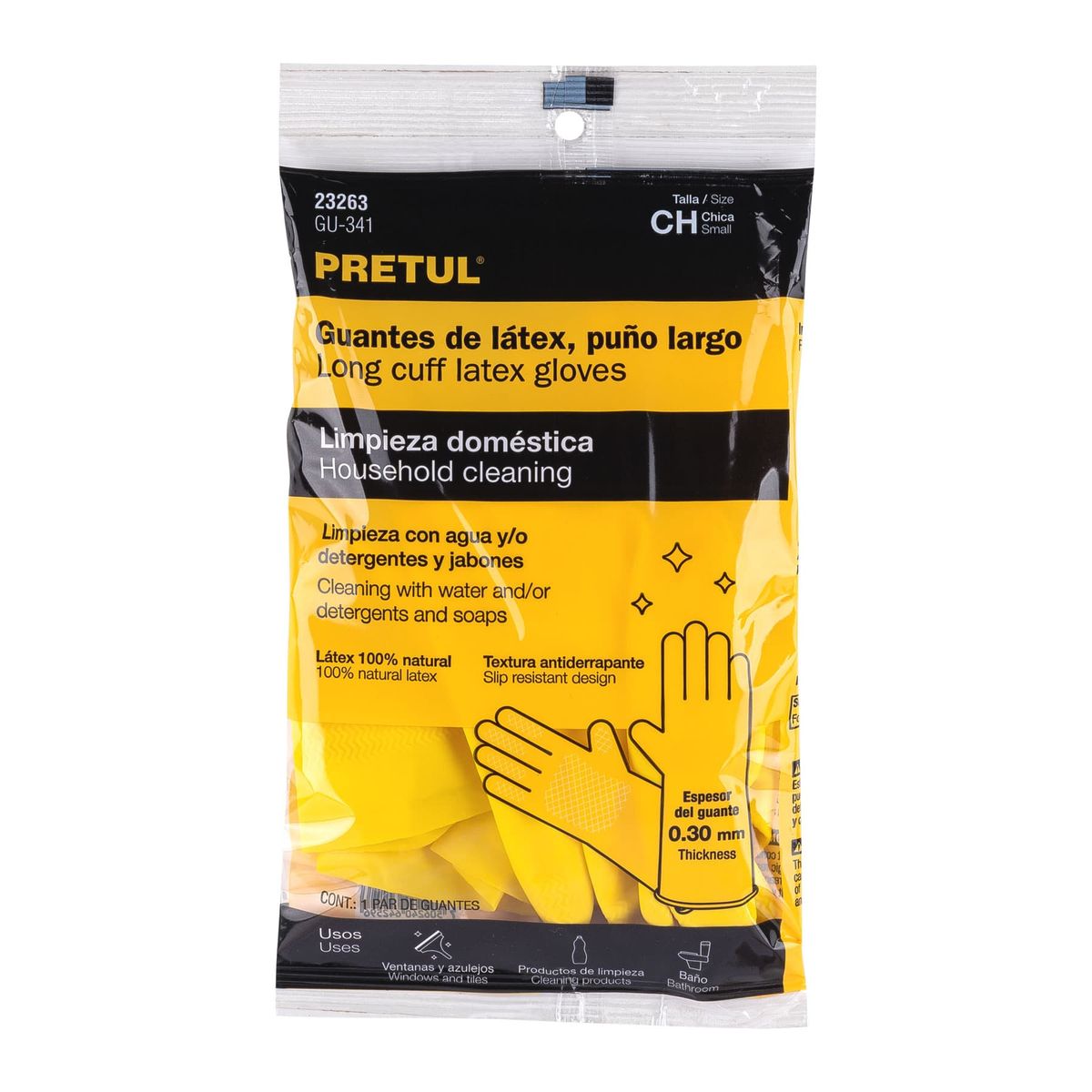 PRETUL - Guante de látex para limpieza uso doméstico amarillo talla chica