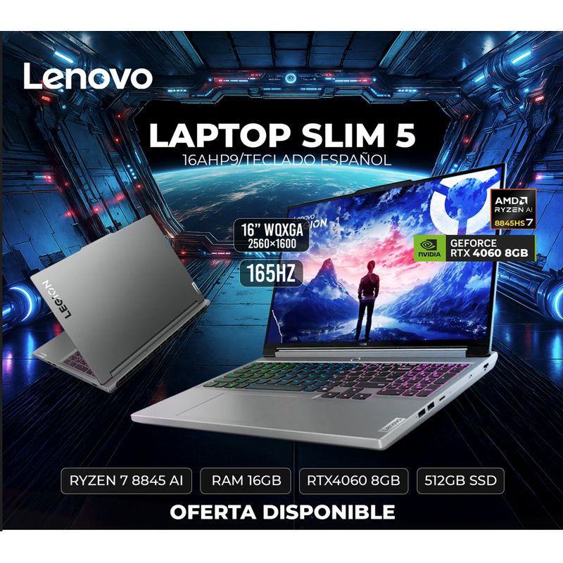 LENOVO - Laptop Lenovo LEGION SLIM 5 AMD Ryzen 7 8845HS 16GB Ram 512GB SSD RTX 4060 8GB 16" Free Dos
