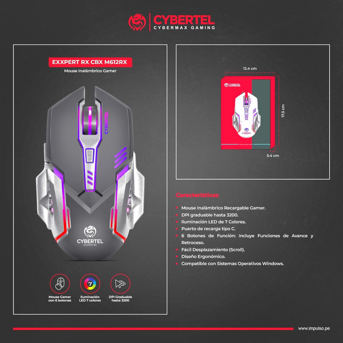 CYBERTEL - Mouse Gamer LED 6B 3200DPI Negro Cybertel Exxpert RX CBX M612RX