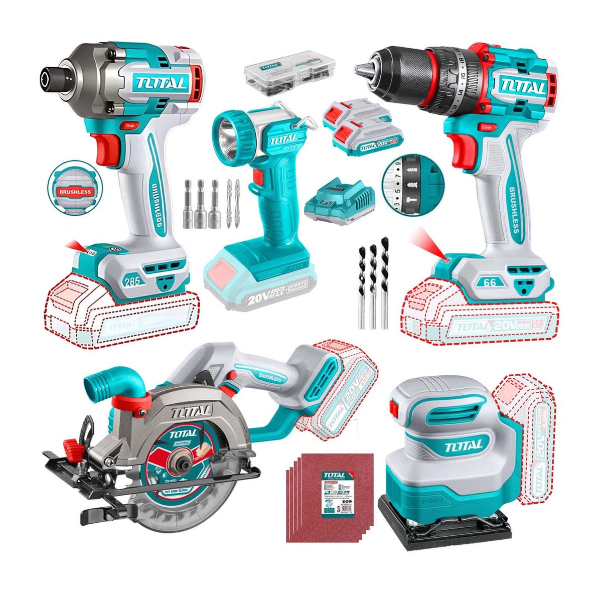 TOTAL TOOLS - TALADRO PERCUTOR 66NM+SIERRA CIRCULAR+ATORNILLADOR 285NM+ LIJADORA Y LINTERNA