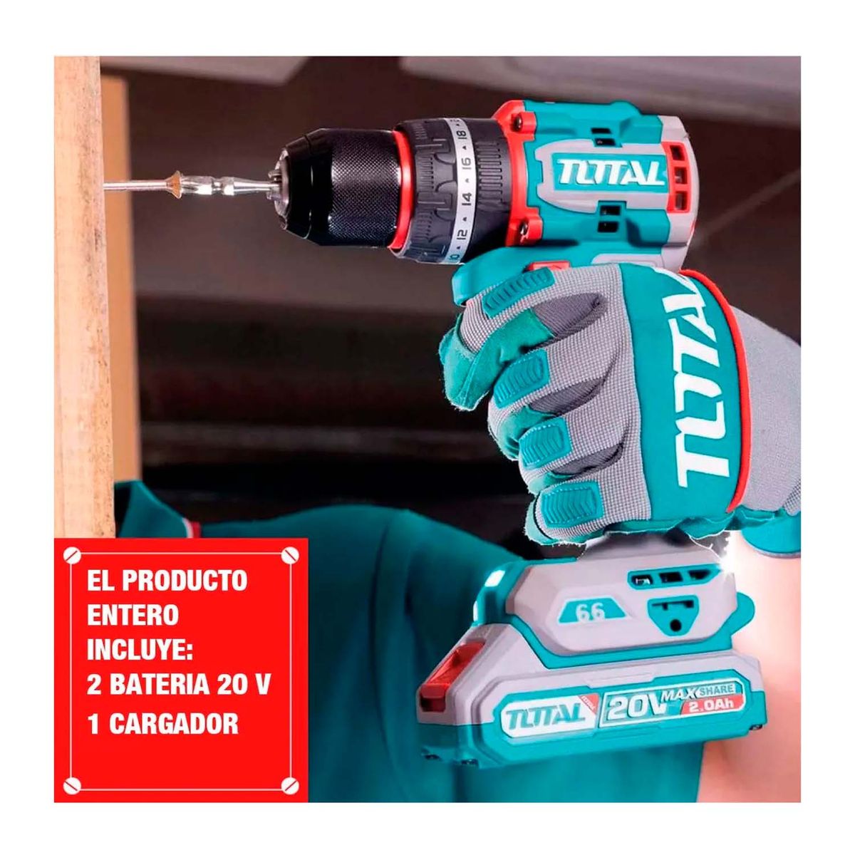 TOTAL TOOLS - TALADRO PERCUTOR 66NM+SIERRA CIRCULAR+ATORNILLADOR 285NM+ LIJADORA Y LINTERNA