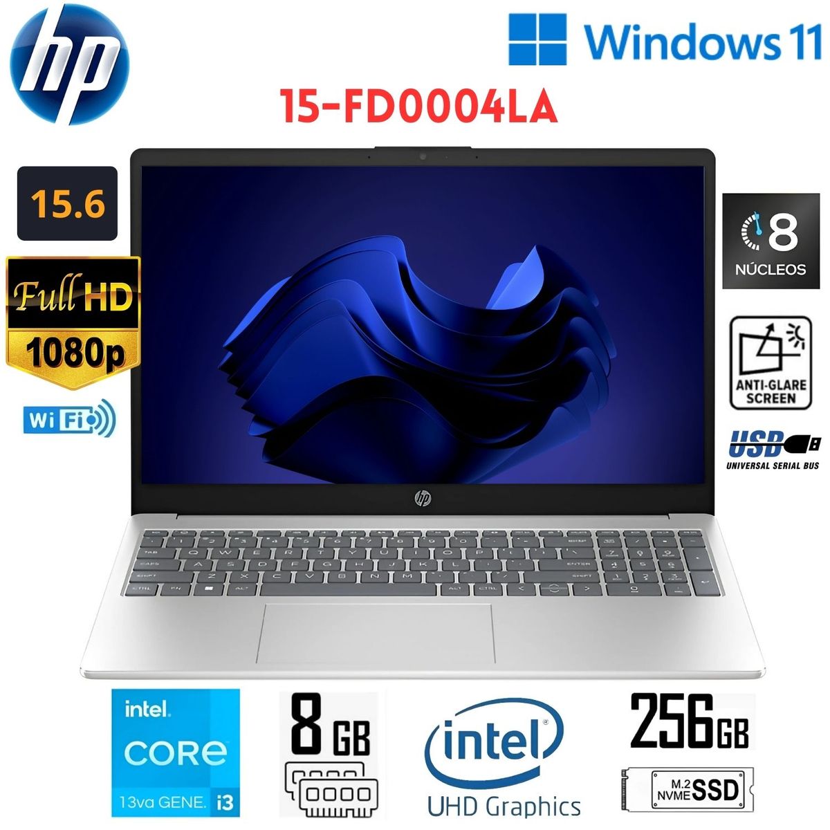 HP - Laptop HP 15-FD0004LA Intel Core i3-N305 8GB RAM 256GB SSD 15.6"  FHD Silver