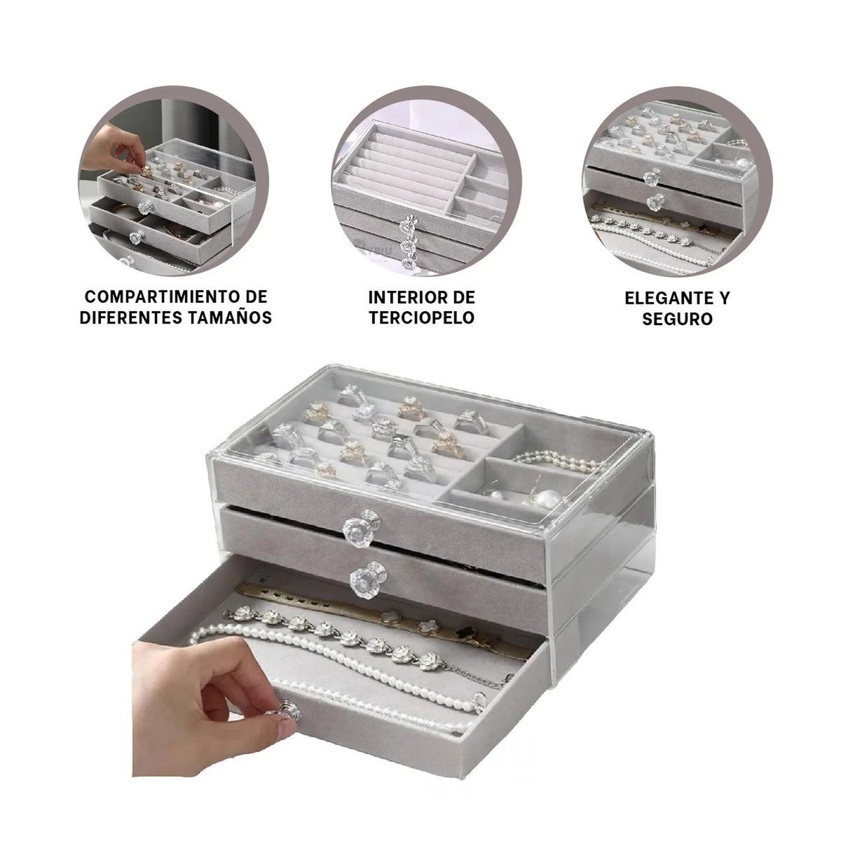 RYBIU IMPORT - Joyero 3 Niveles con Interior Suave en Color Plomo