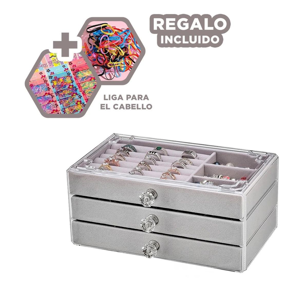 GENERICO - Caja Moderna Joyeria en de 3 Niveles Plomo Y+Ligas de Regalo