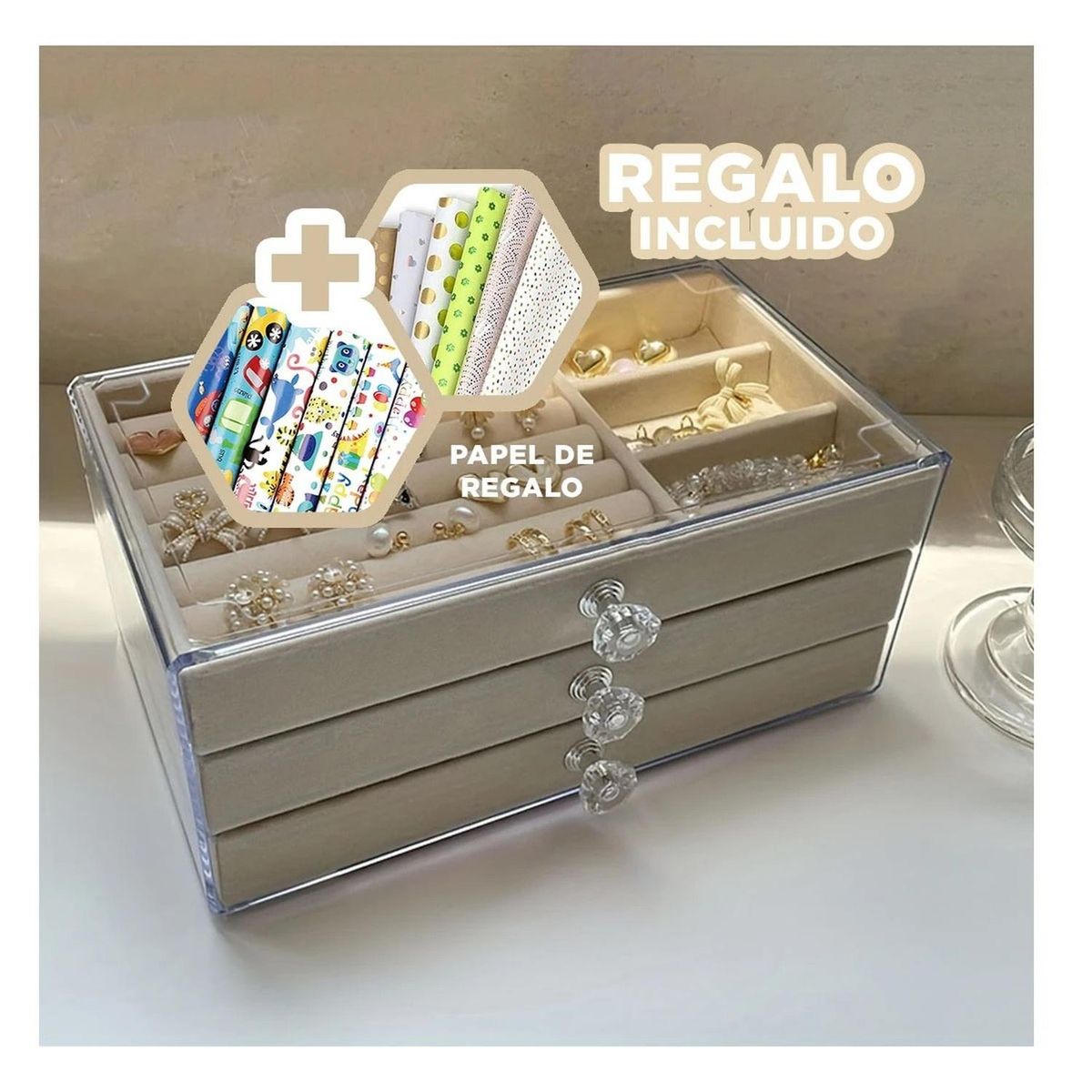 RYBIU IMPORT - Pack6 Caja Util para Anillos en Beige Y+Papel de Regalo