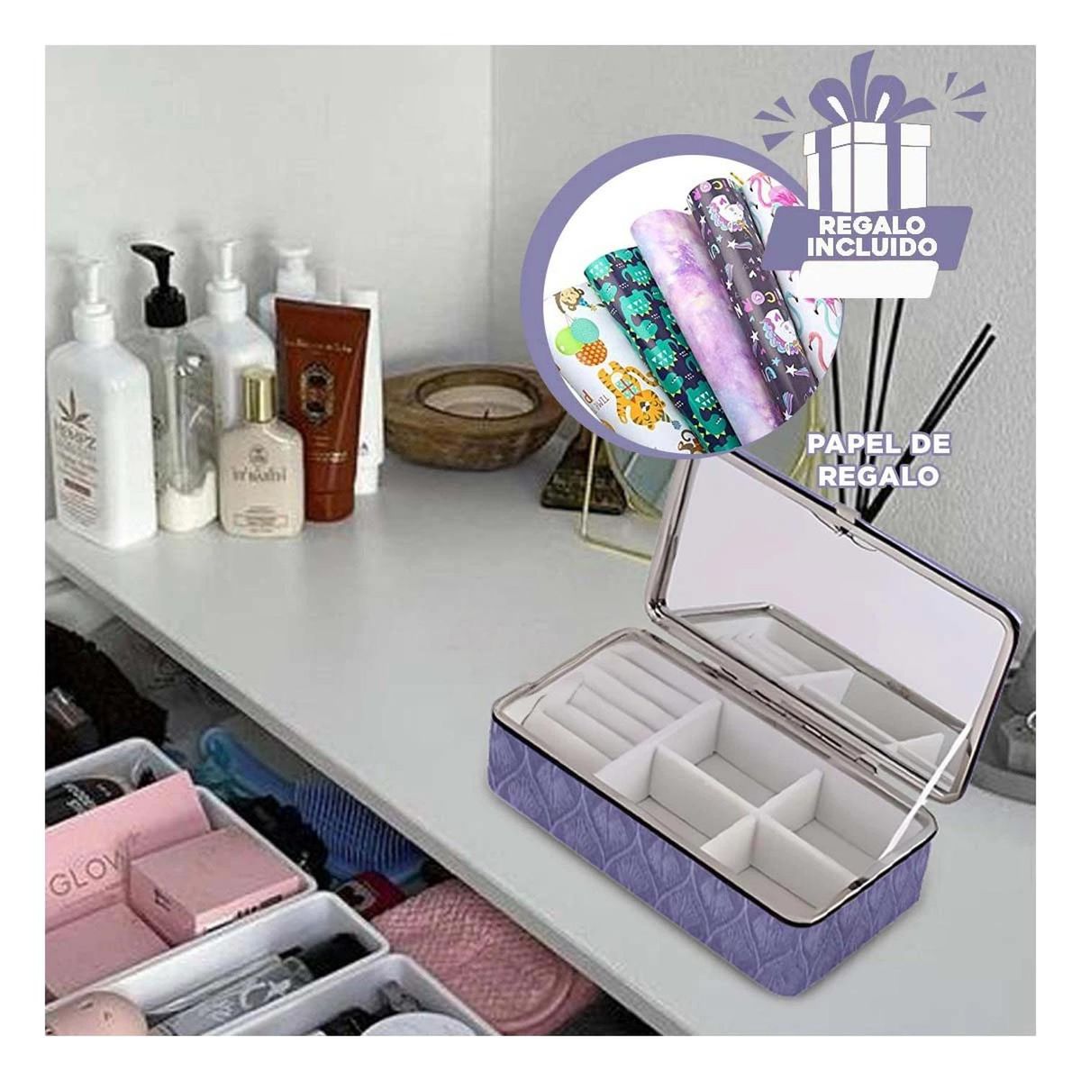 RYBIU IMPORT - Pack6 Estuche Moderno con Espejo en Lila Y+Papel de Regalo