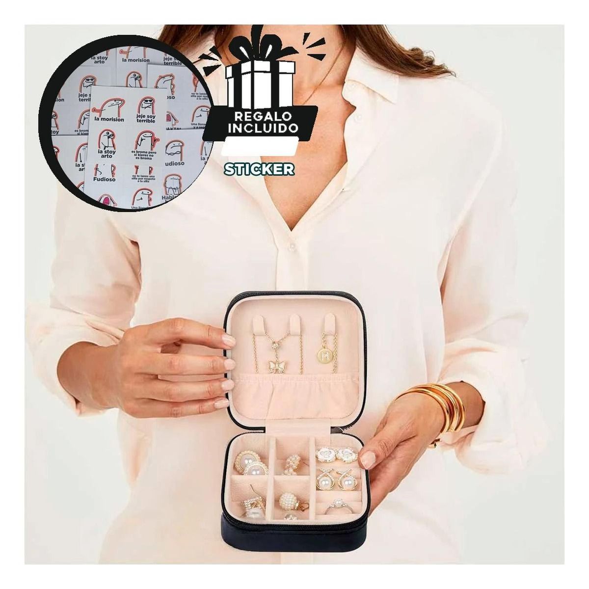 RYBIU IMPORT - Pack6 Estuche Portatil de Joyas Negro Y+Regalo Stickers