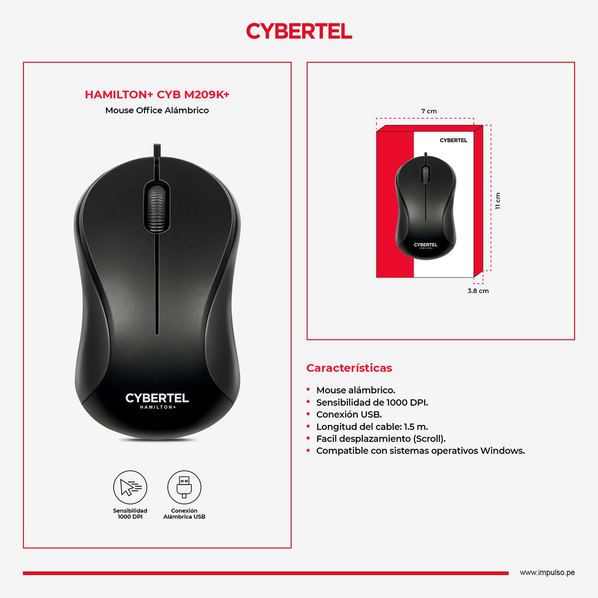 CYBERTEL - Mouse Oficina Alámbrico 1000DPI Negro Cybertel Hamilton+ CYB M209k+