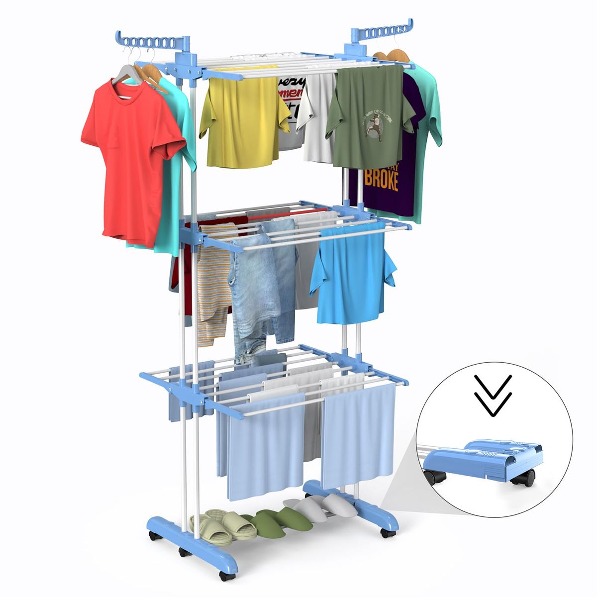 GENERICO - Tendedero de ropa armable de 4 niveles azul doble barra