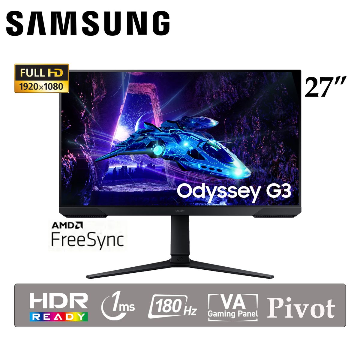 SAMSUNG - Monitor Gaming Samsung Odyssey G3 de 27 VA Full HD 180Hz 1MS