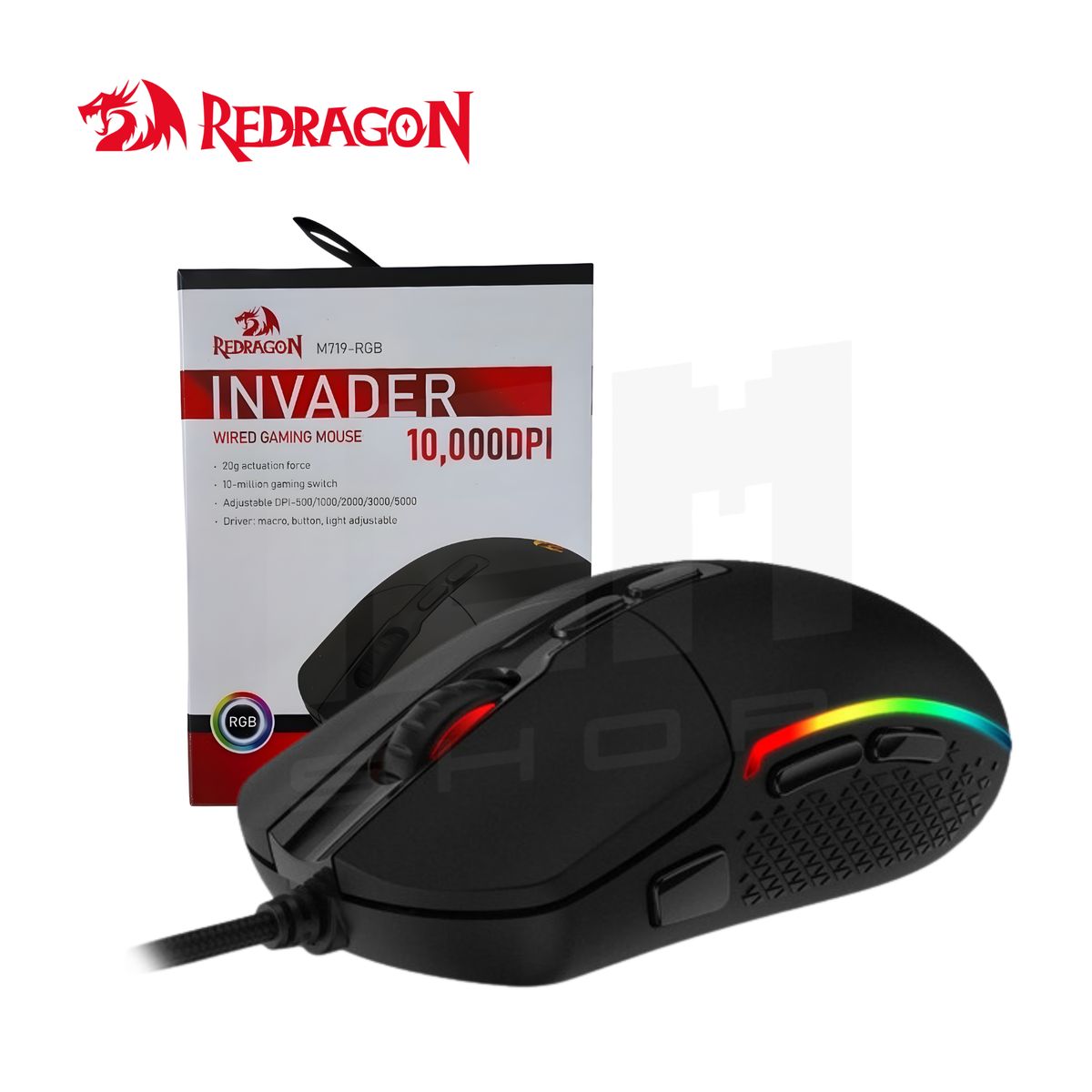 REDRAGON - Redragon - Mouse Invader M719 RGB 10000 DPI - Negro