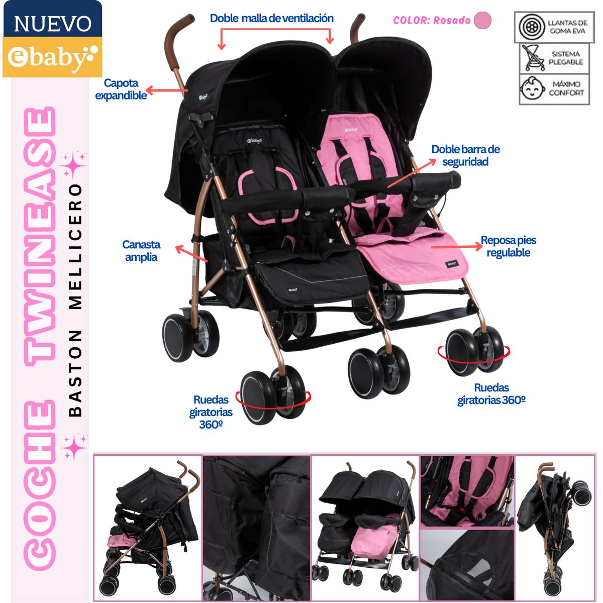 EBABY - Coche para bebe Mellicero Twinease Rosado Ebaby