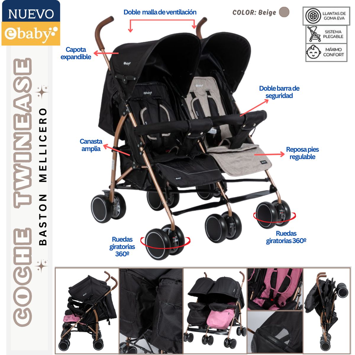 EBABY - Coche para bebe Mellicero Twinease Beige Ebaby