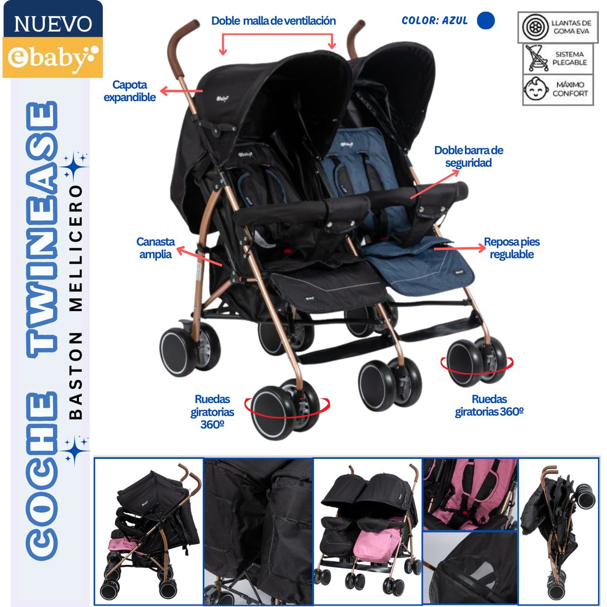 EBABY - Coche para bebe Mellicero Twinease Azul Ebaby
