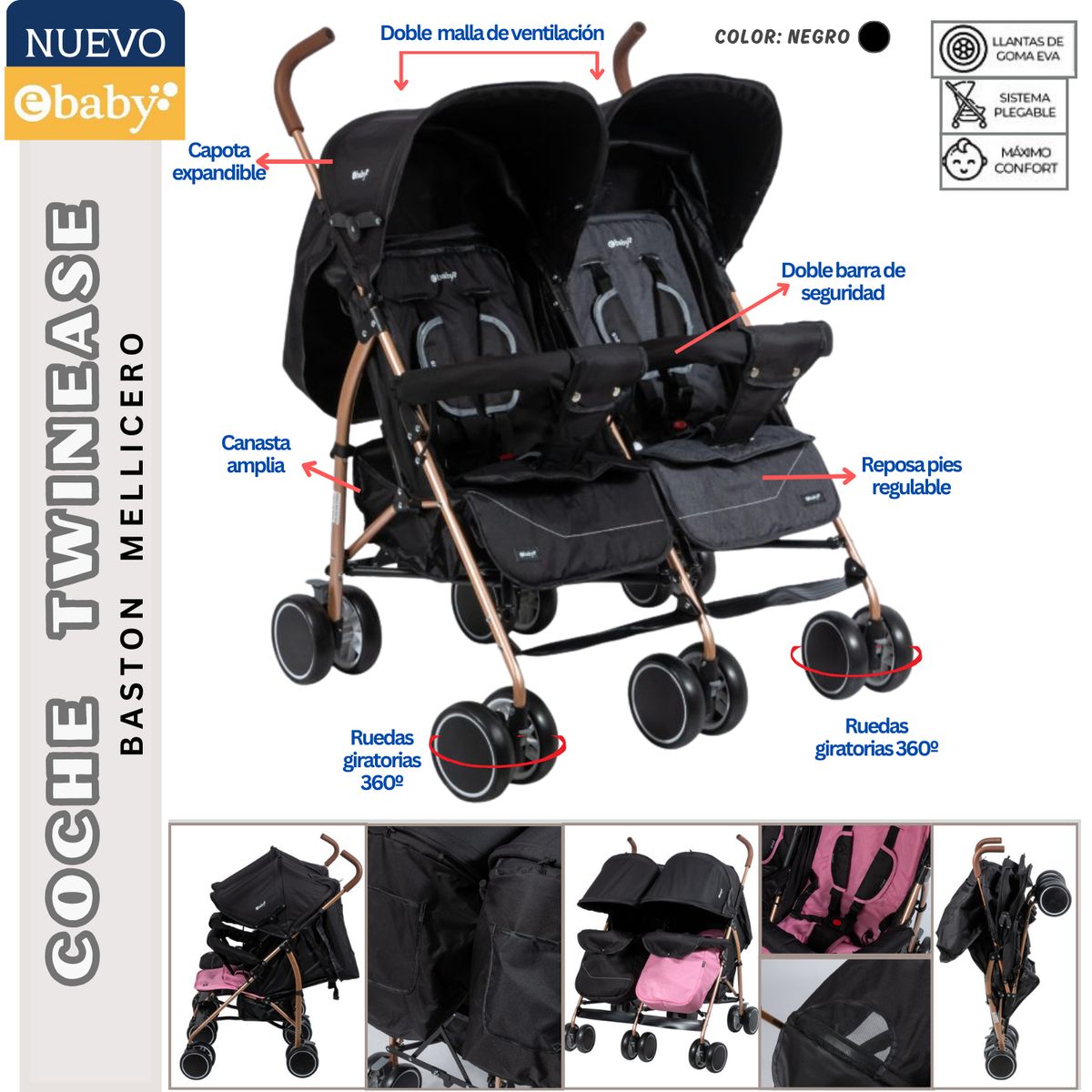 EBABY - Coche Baston Gemelar Twinease Negro Ebaby